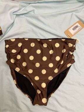 Albion Brown and Cream Polka Dot Ruched High-Waist Bikini Bottoms